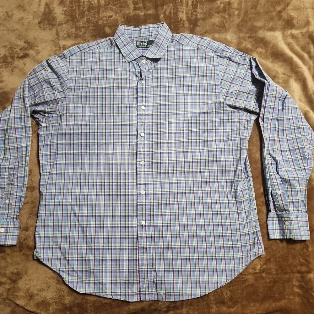Polo Ralph Lauren Shirt Men's XL Blue Plaid Cotton Button Up